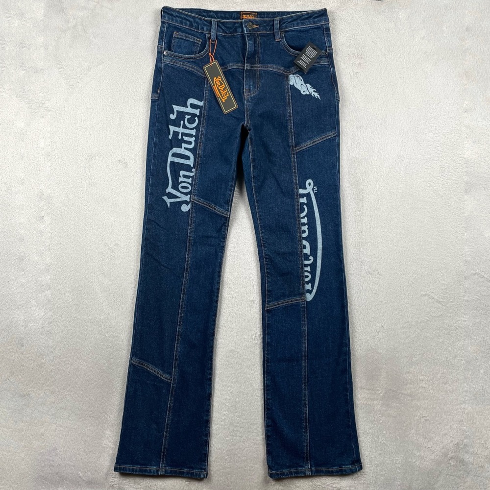 New Von Dutch Seamed Bootcut Jeans Womens Size 11 Blue Dark Wash High Wasted Y2K
